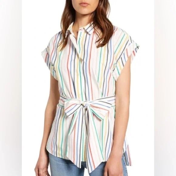 J CREW Button-Front Tie-Waist Top in Rainbow Mini Stripe Poplin - L6710 - Sz XS - Picture 1 of 11